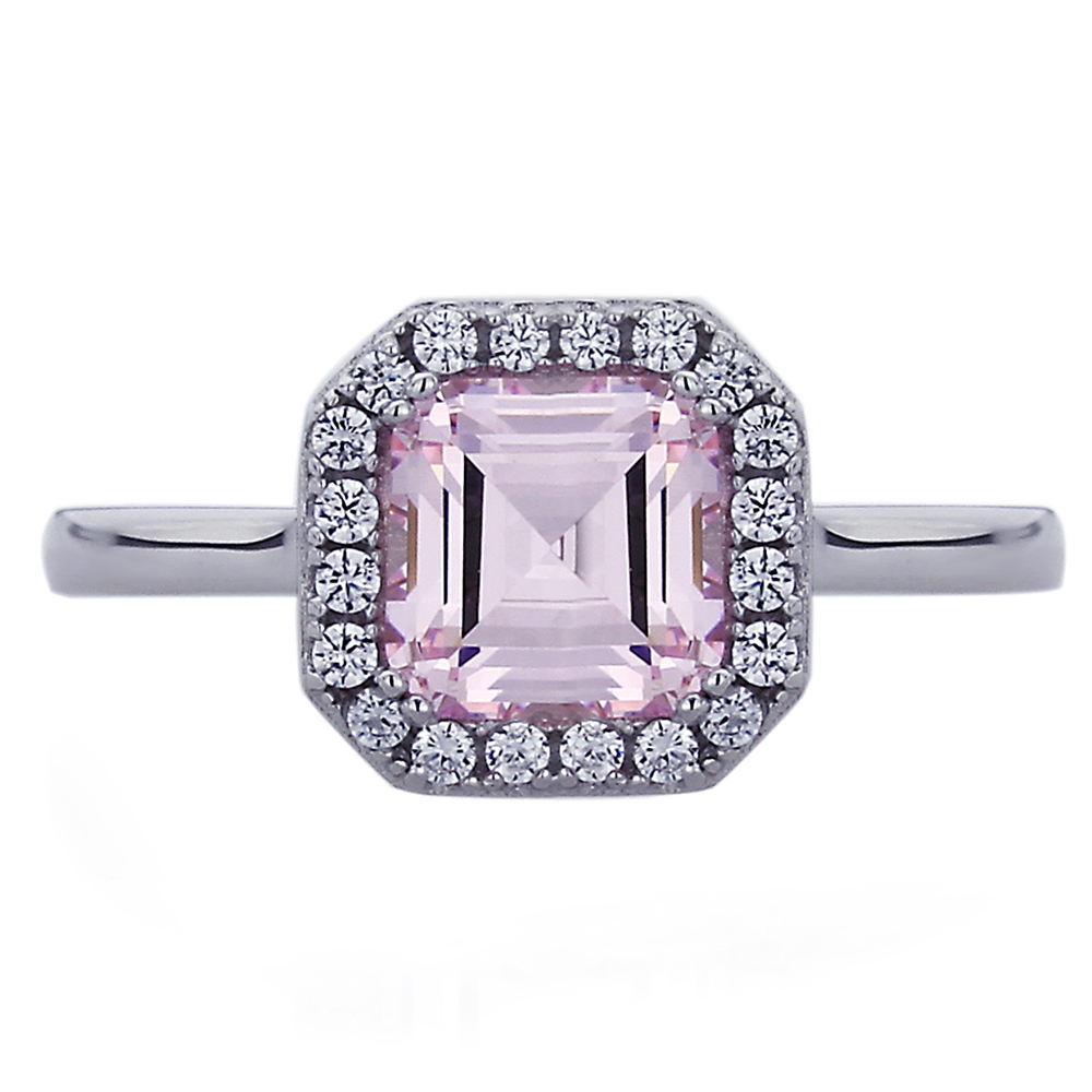 10mm Platinum Plated Sterling Silver 2ct Square Pink CZ Wedding Engagement Ring