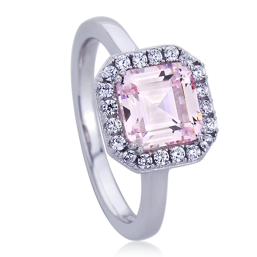 10mm Platinum Plated Sterling Silver 2ct Square Pink CZ Wedding Engagement Ring