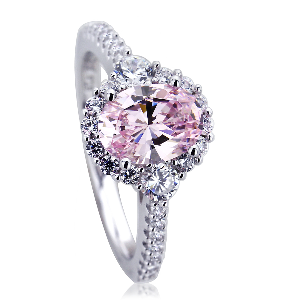 Women 10mm Platinum Plated Silver 1.2ct Oval Pink CZ Halo Engagement Ring
