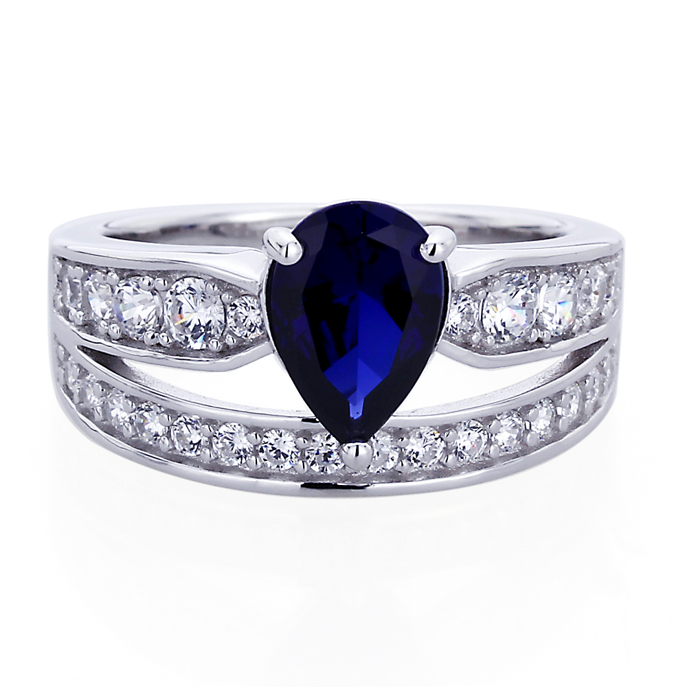 11mm Platinum Plated Silver 1.75ct Sapphire Pear CZ Wedding Engagement Ring