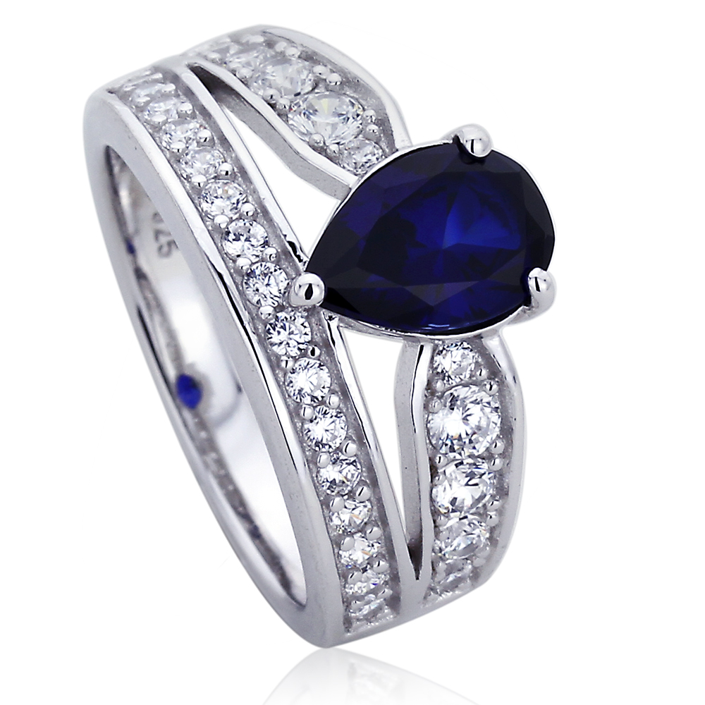 11mm Platinum Plated Silver 1.75ct Sapphire Pear CZ Wedding Engagement Ring