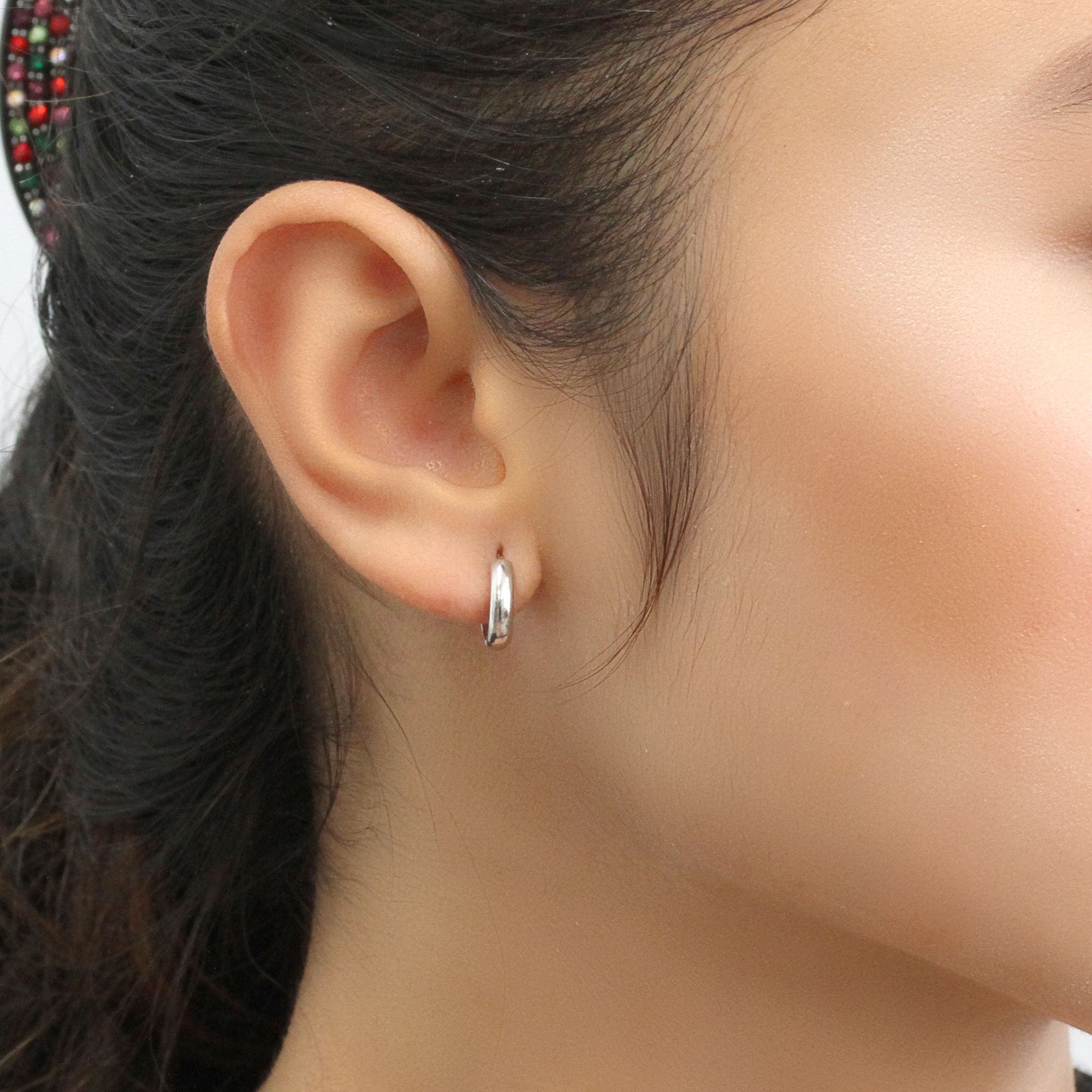 14K White Gold Plain Domed 10 mm Length Huggie Hoop Earrings