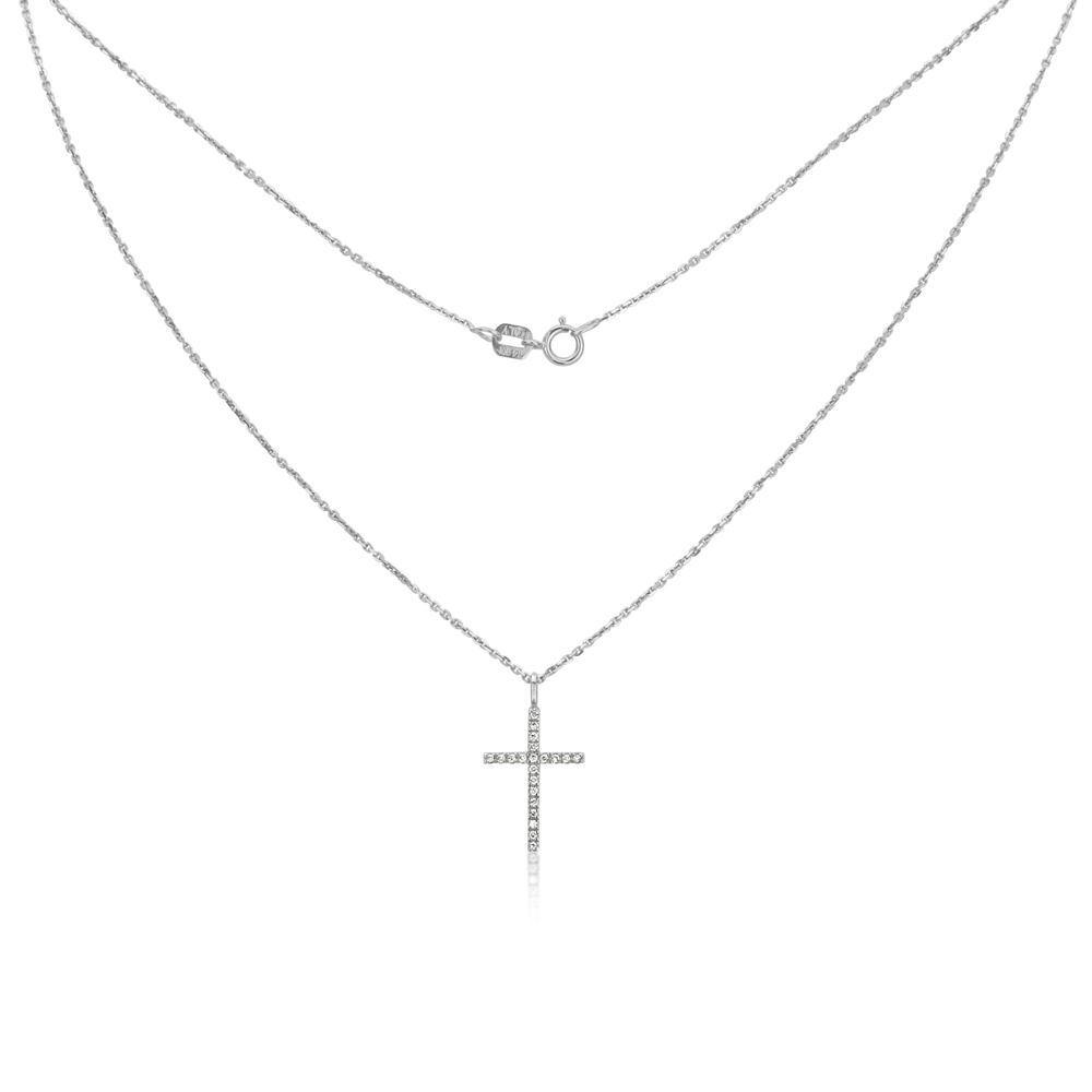 0.8mm 0.05 Carat Round Diamond Solid 14K White Gold Cross Pendant Necklace