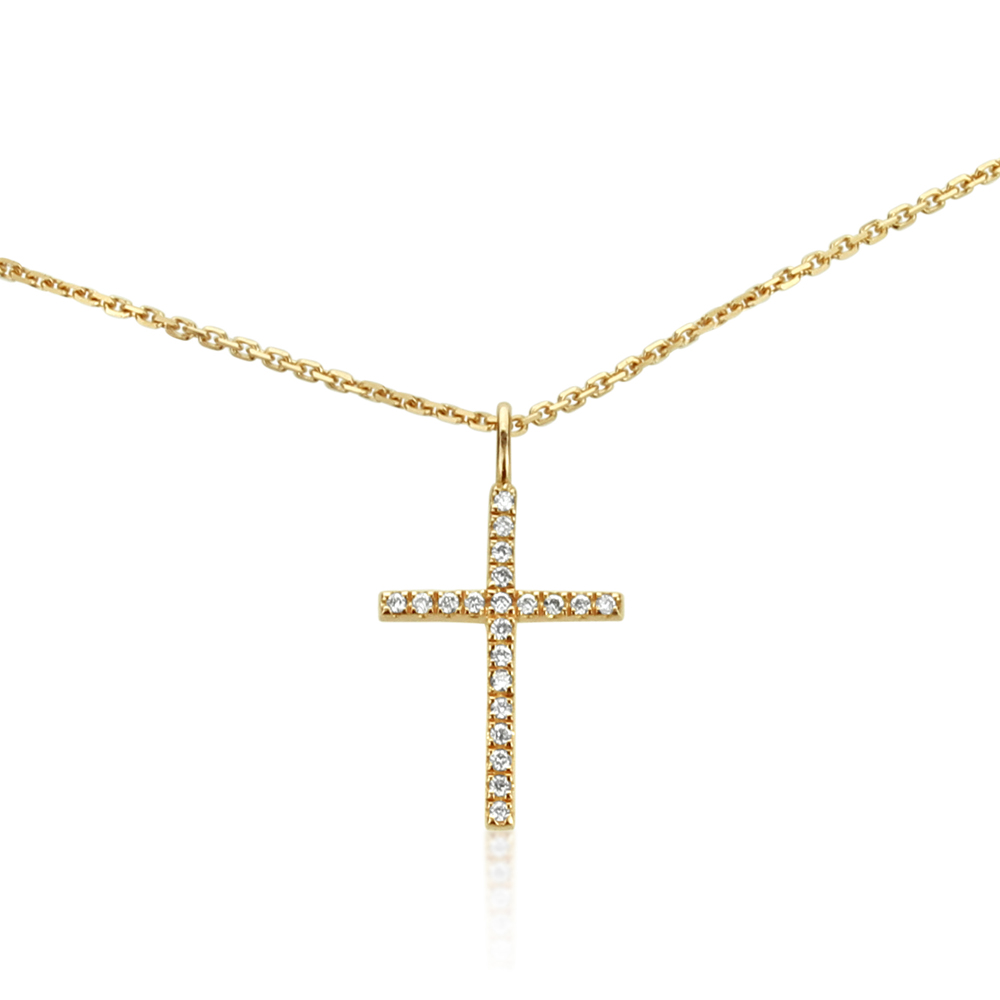 0.8mm 0.05 Carat Diamond Solid 14K Yellow Gold Cross Pendant Necklace 24 inch