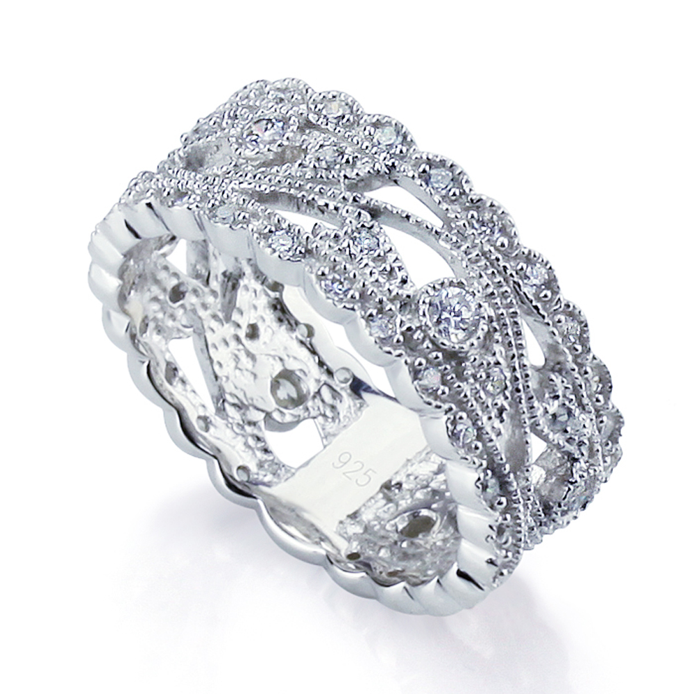 Women Silver Rhodium Plated Engagement Cz Set Vintage Ring Wedding Band 8mm Ebay