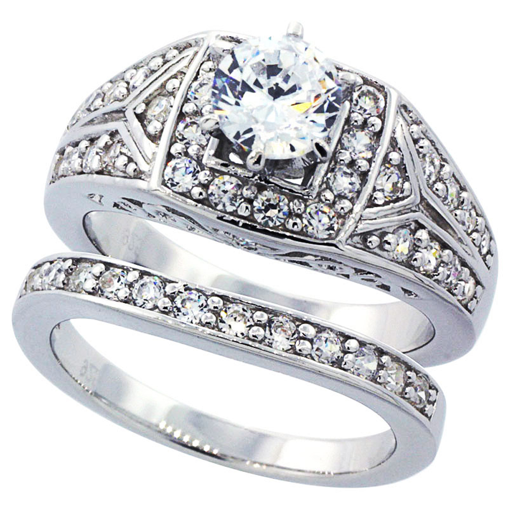 Women Sterling Silver Rhodium Plate Vintage 2Pc Engagement Ring Bridal Sets 10mm