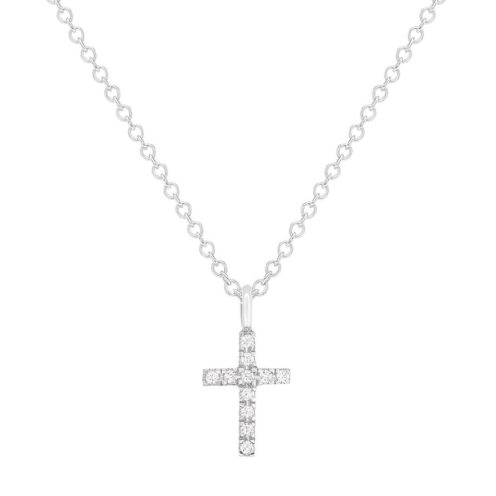 Men Women 14K White Gold Tiny 0.04 cttw Diamond Cross Pendant Necklace