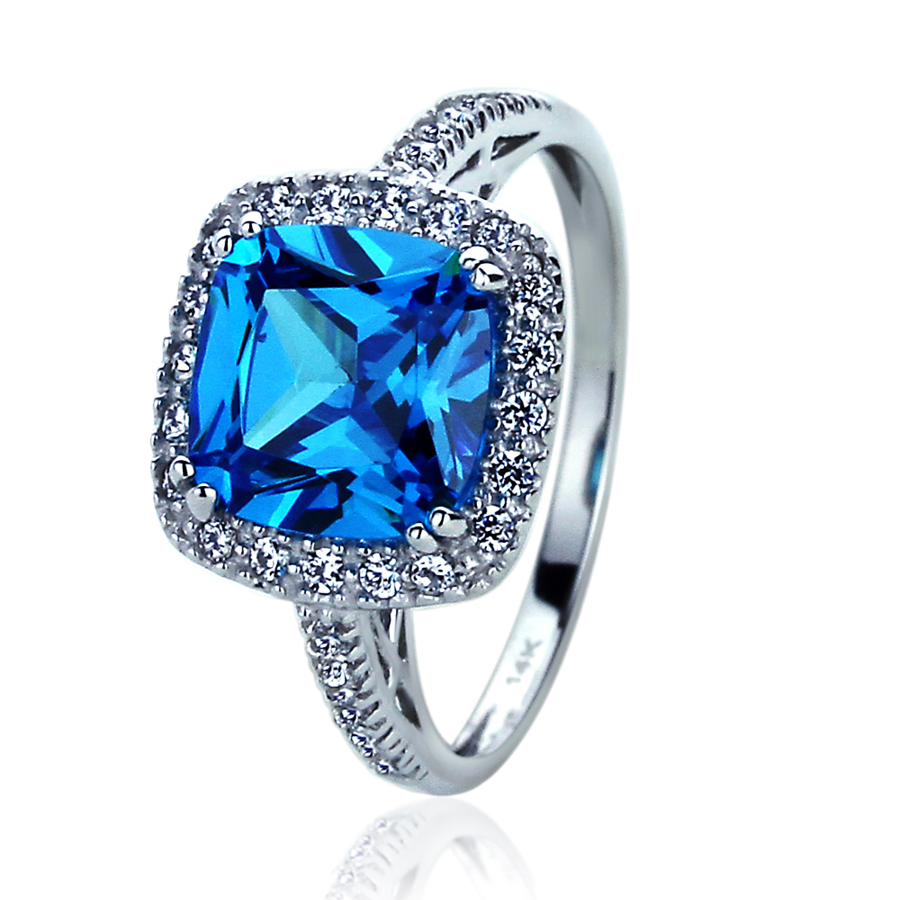 Women 14K White Gold 2.75ct Cushion Blue Sapphire CZ Halo Cocktail Ring size7