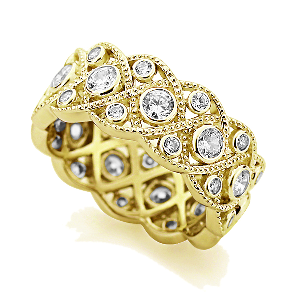 Women 9mm 14K Gold Vintage Round CZ Bezel Wedding Anniversary Eternity Ring