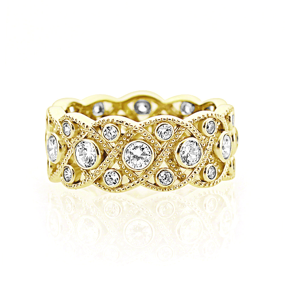 Women 9mm 14K Gold Vintage Round CZ Bezel Wedding Anniversary Eternity Ring