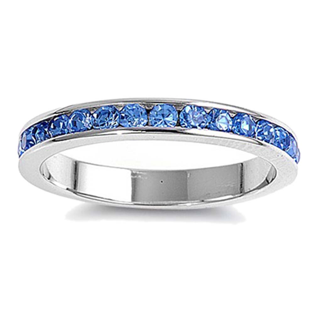 925 Silver Stackable Band Simulated Blue Topaz CZ Channel Set Eternity ...