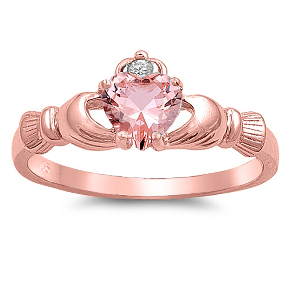 925 Sterling Silver 14K Rose Gold Plated Pink CZ Heart Claddagh Ring 9MM
