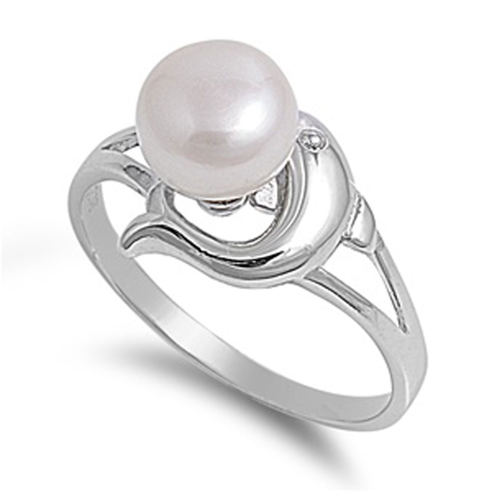 Fine Women 11mm 925 Silver Freshwater Cultured Pearl Dolphin Ladies Ring Band