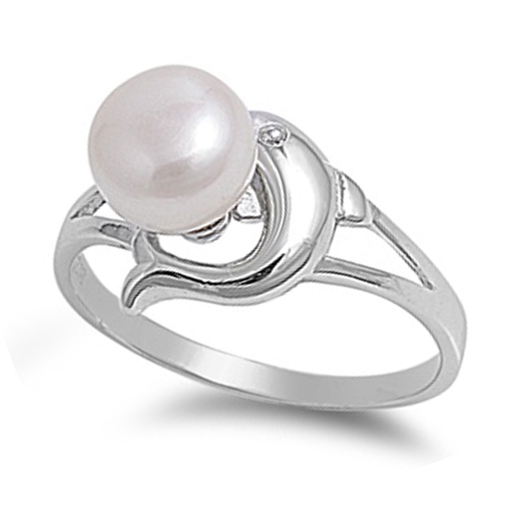 Fine Women 11mm 925 Silver Freshwater Cultured Pearl Dolphin Ladies Ring Band