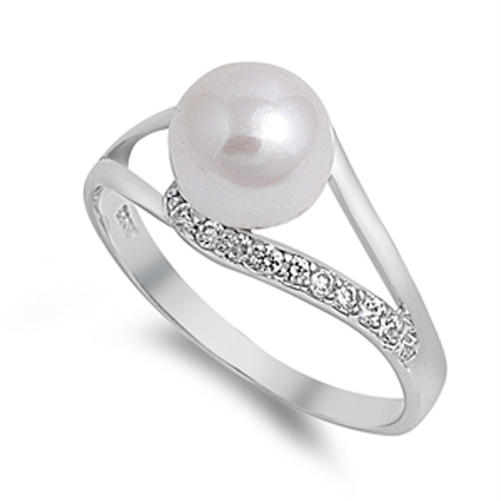 Women 11mm 925 Silver Freshwater Pearl CZ Ladies Vintage Style Ring Band