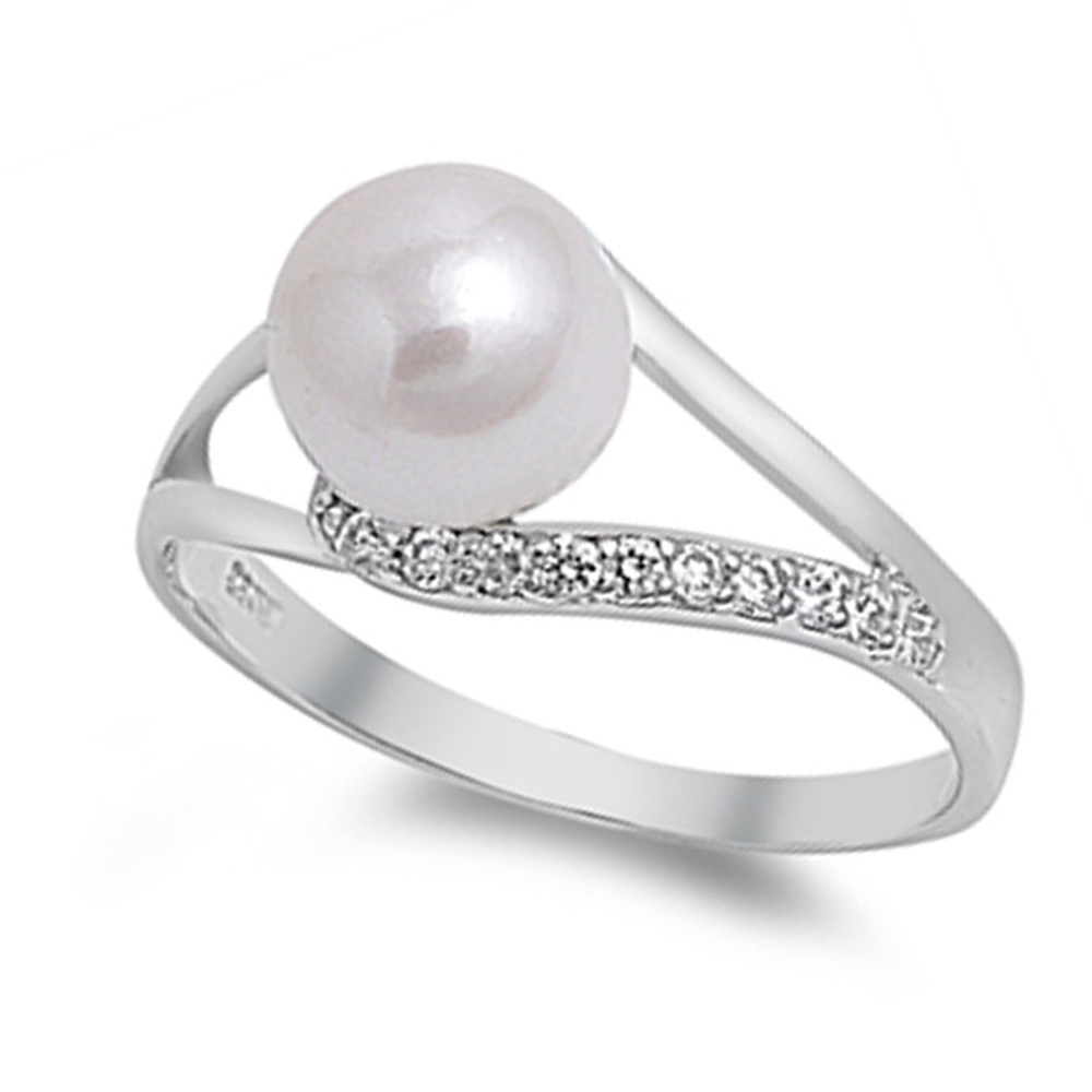 Women 11mm 925 Silver Freshwater Pearl CZ Ladies Vintage Style Ring Band
