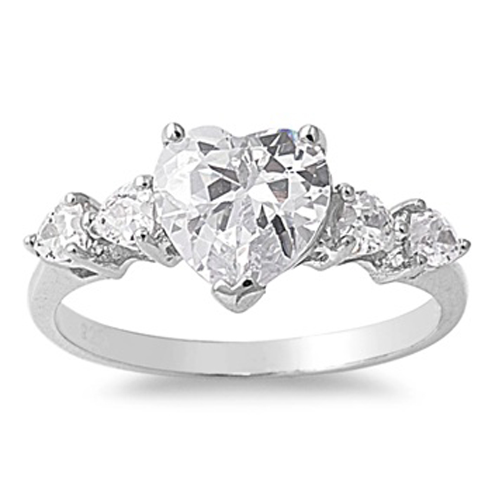 925 Sterling Silver Heart CZ Five Stone Promise Ring 9MM