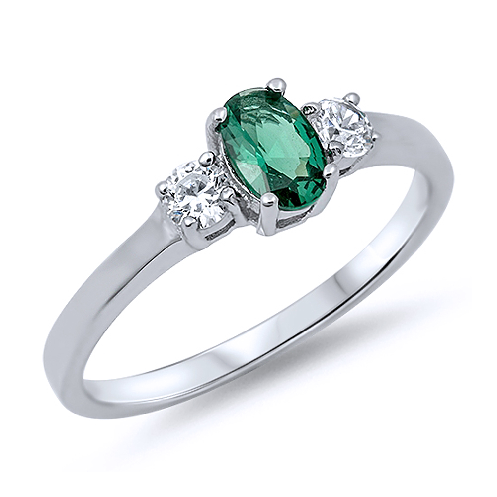 Women Sterling Silver Oval Green Color CZ Three Stone Anniversary Ring 6MM
