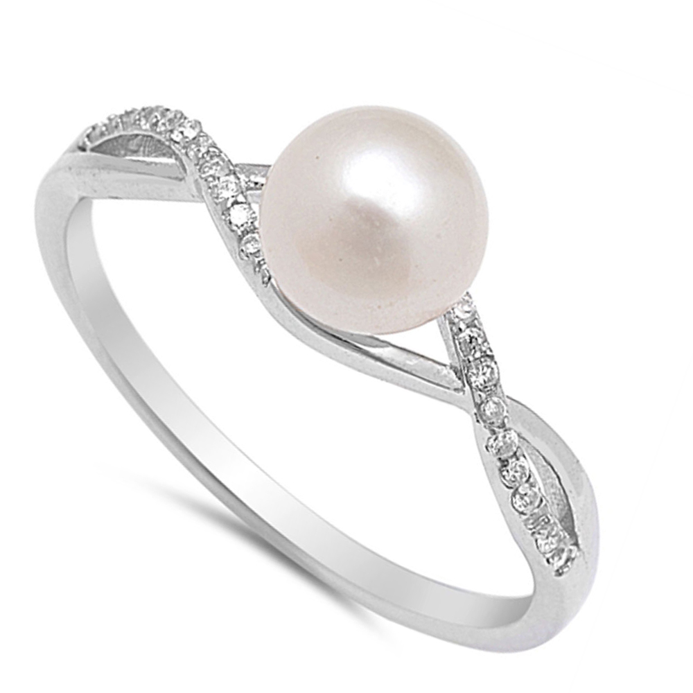 Women 7mm 925 Silver Freshwater Cultured Pearl CZ Ladies Vintage Style Ring Band