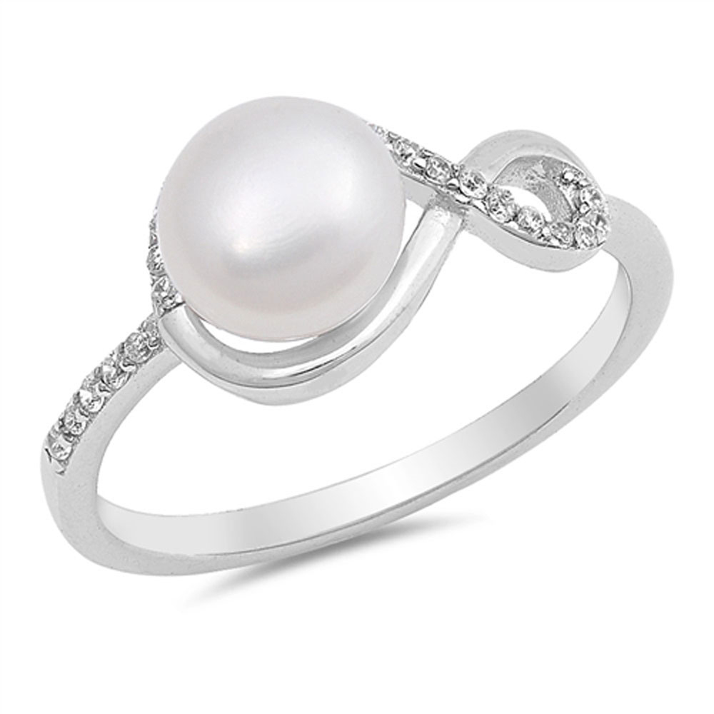 Women 9mm 925 Sterling Silver Freshwater Cultured Pearl & CZ Ladies Ring Band