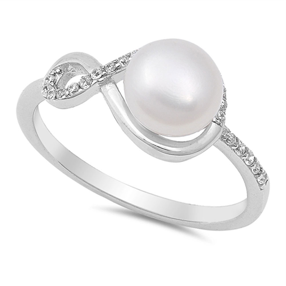 Women 9mm 925 Sterling Silver Freshwater Cultured Pearl & CZ Ladies Ring Band