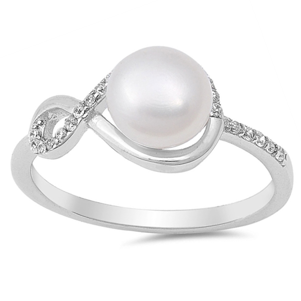 Women 9mm 925 Sterling Silver Freshwater Cultured Pearl & CZ Ladies Ring Band