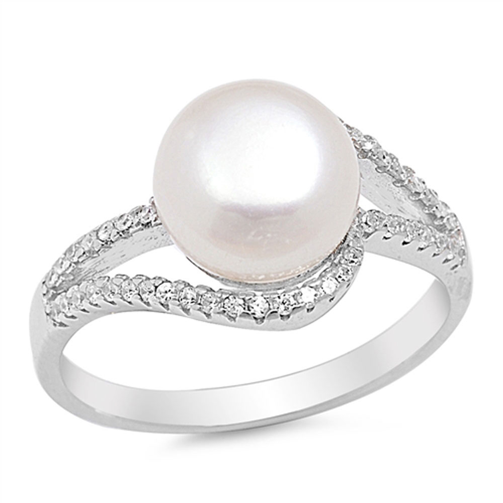 Fine Women 12mm 925 Silver Freshwater Cultured Pearl CZ Bypass Ladies Ring
