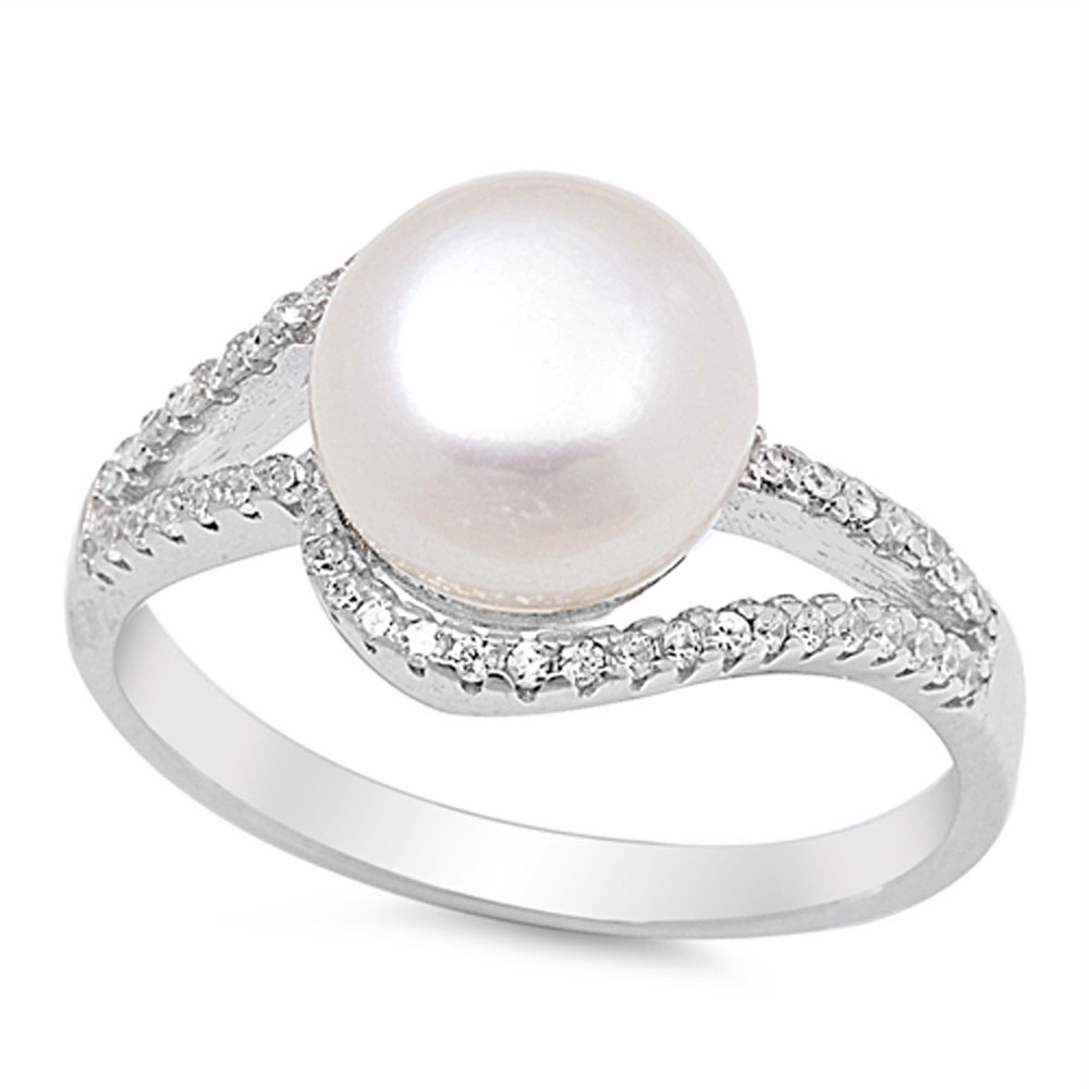 Fine Women 12mm 925 Silver Freshwater Cultured Pearl CZ Bypass Ladies Ring