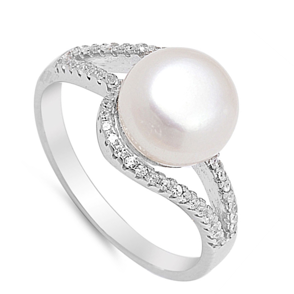 Fine Women 12mm 925 Silver Freshwater Cultured Pearl CZ Bypass Ladies Ring