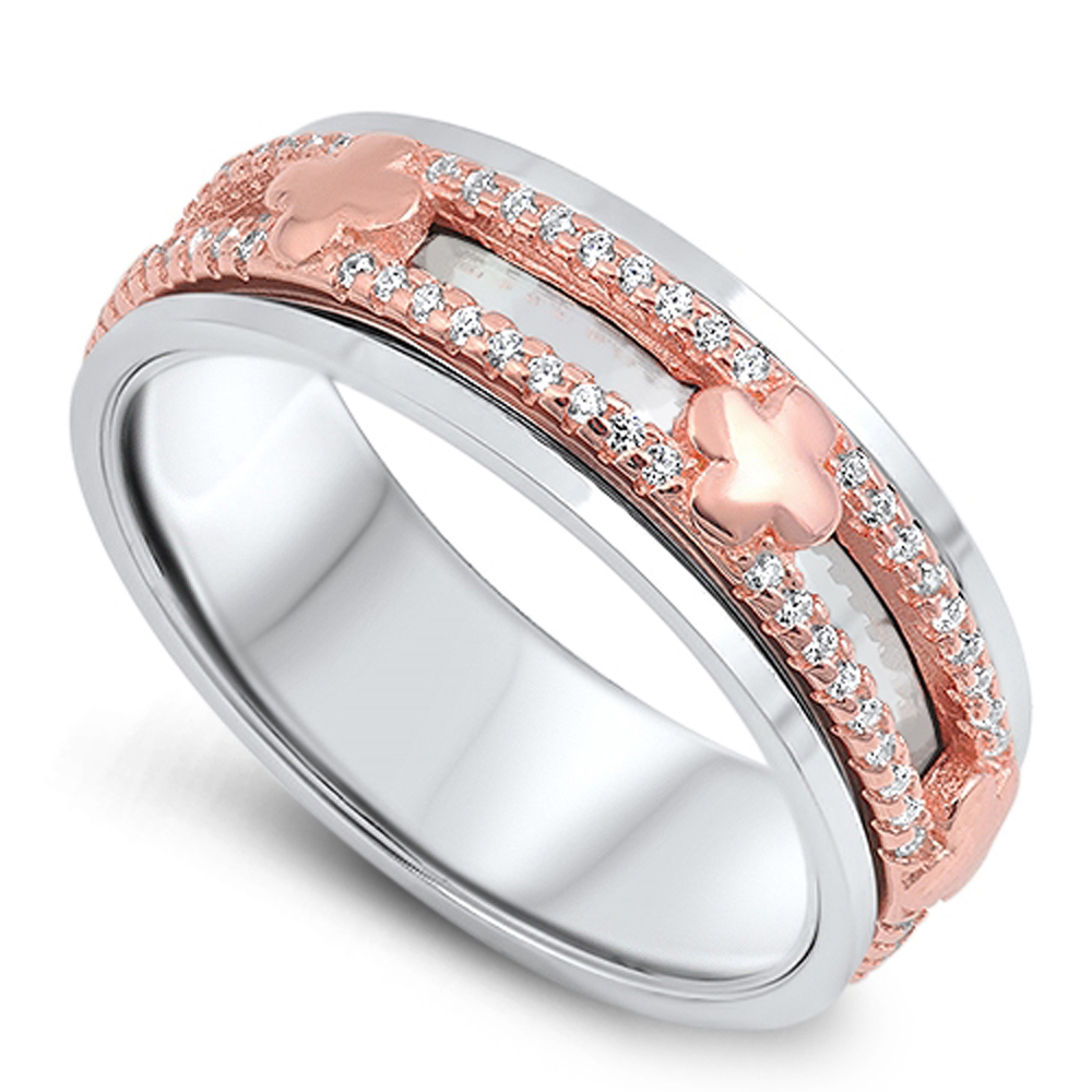 Women 7MM 925 Sterling Silver Pink Plated Spinner Ring Band CZ Pave Clover Cross