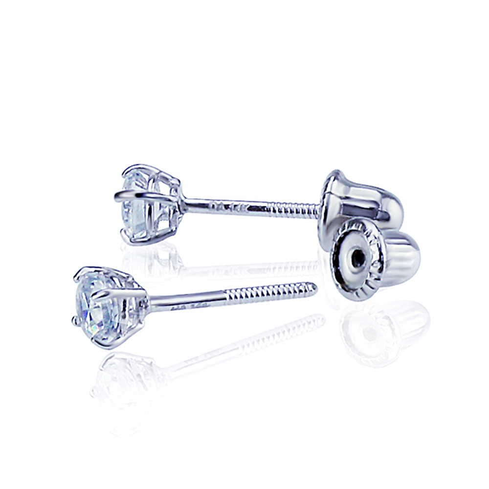 14K White Gold 4mm Cubic Zirconia Basket Set Solitaire Screwback Stud Earrings