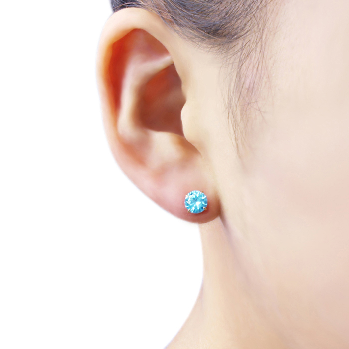 14K Yellow Gold 6mm Blue Cubic CZ Prong Set Solitaire Screwback Stud Earrings