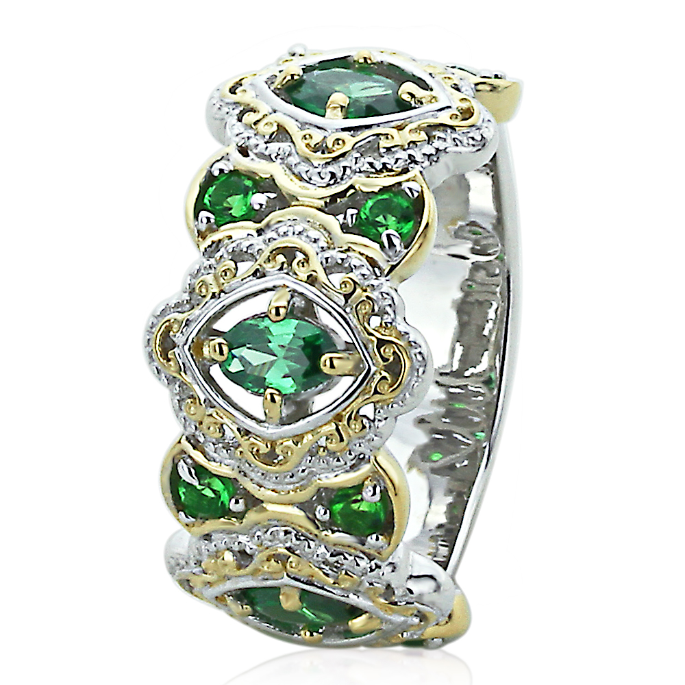 Women Silver 14K Gold Plated 2Tone Marquise Simulate Emerald CZ Anniversary Ring