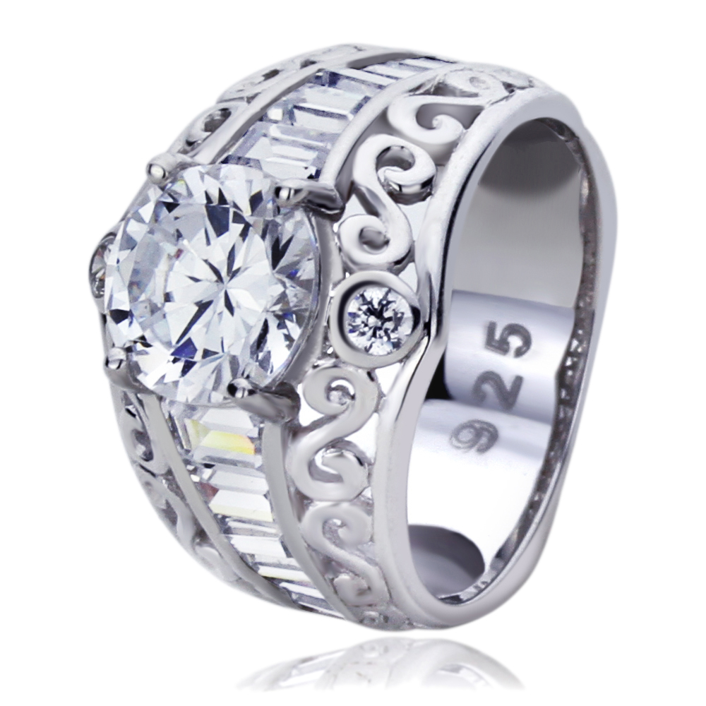 Women Silver 1.5ct Round CZ Baguette Accent Domed Wedding Engagement Ring