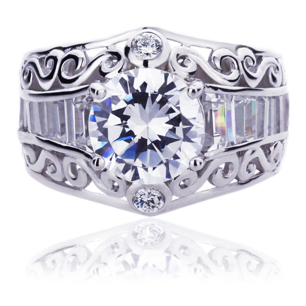 Women Silver 1.5ct Round CZ Baguette Accent Domed Wedding Engagement Ring