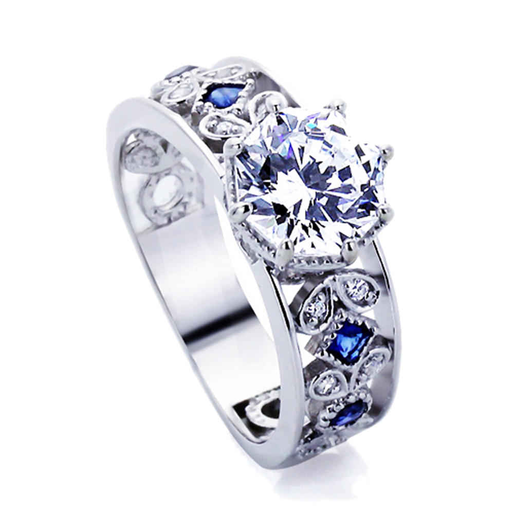 Women 14K White Gold 2 ct Octagon Sapphire CZ Accent Wedding Engagement Ring