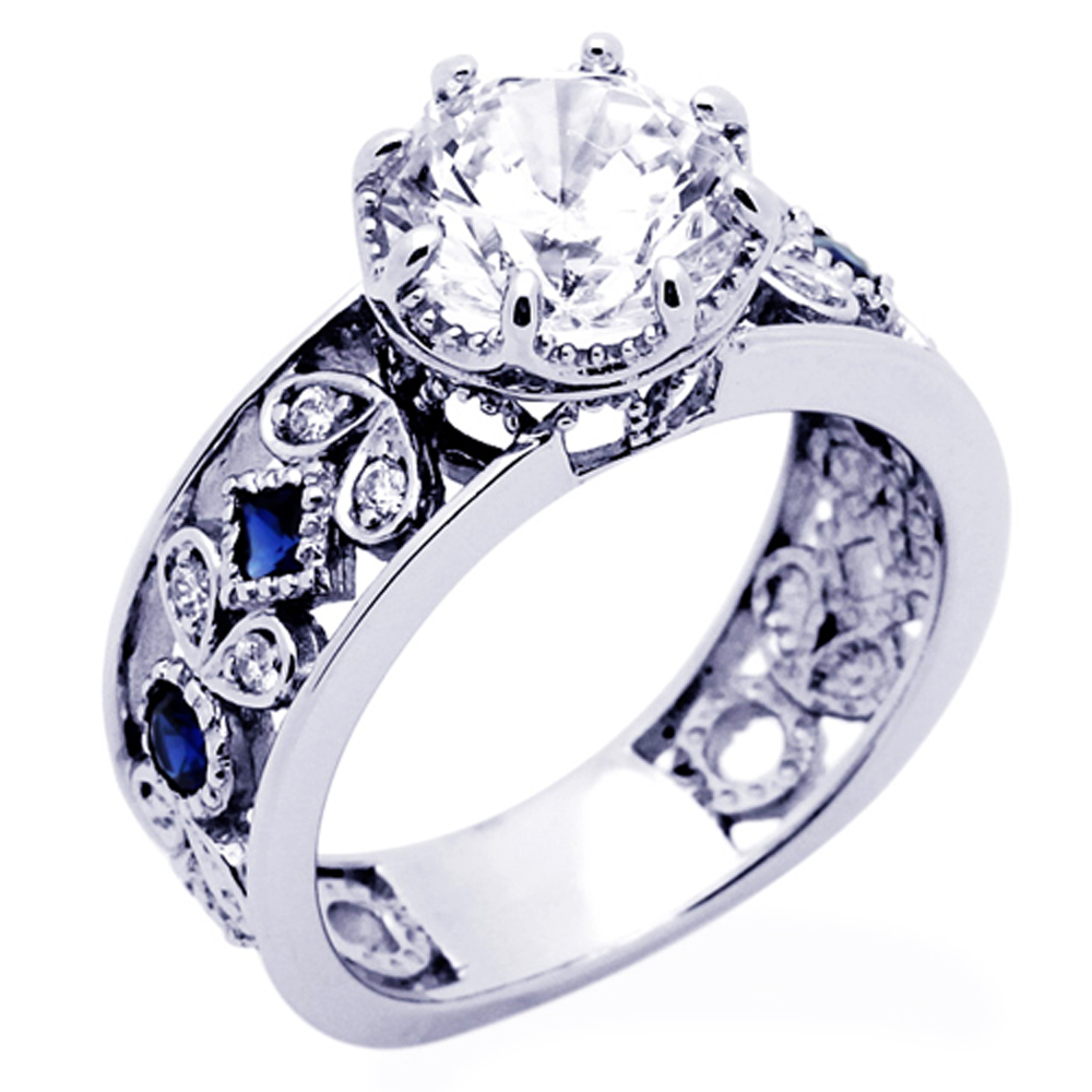 Women 14K White Gold 2 ct Octagon Sapphire CZ Accent Wedding Engagement Ring