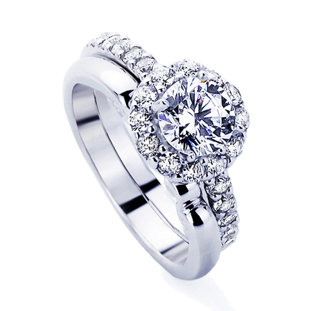  Women  Silver 1 2ct Round CZ Halo 2pcs Wedding  Engagement  