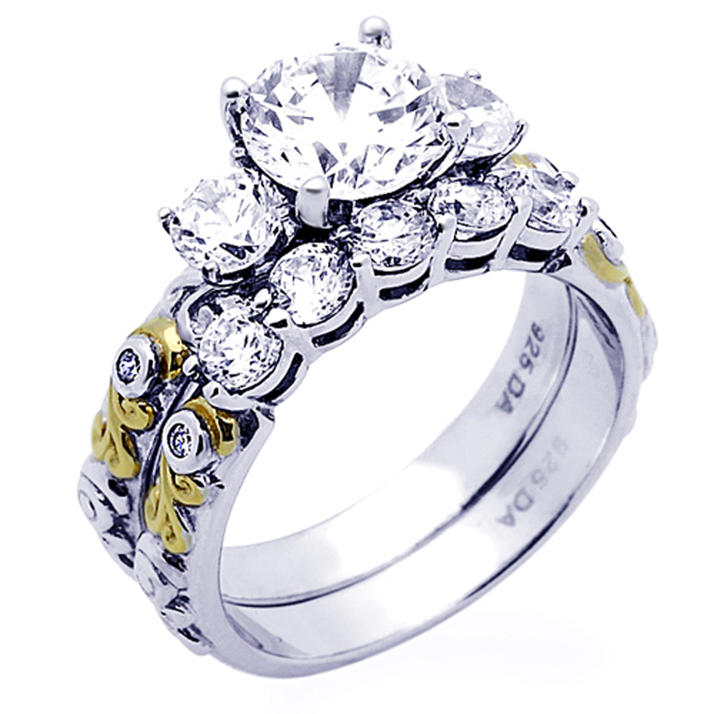 Women Silver 1.5ct CZ 14K Yellow Gold Plated Two Tone Engagement Ring Bridal Set