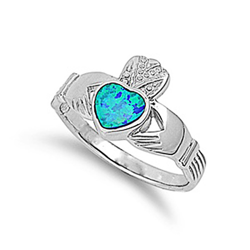 Women 12mm 925 Sterling Silver Simulated Blue Opal Heart Claddagh Ring Band
