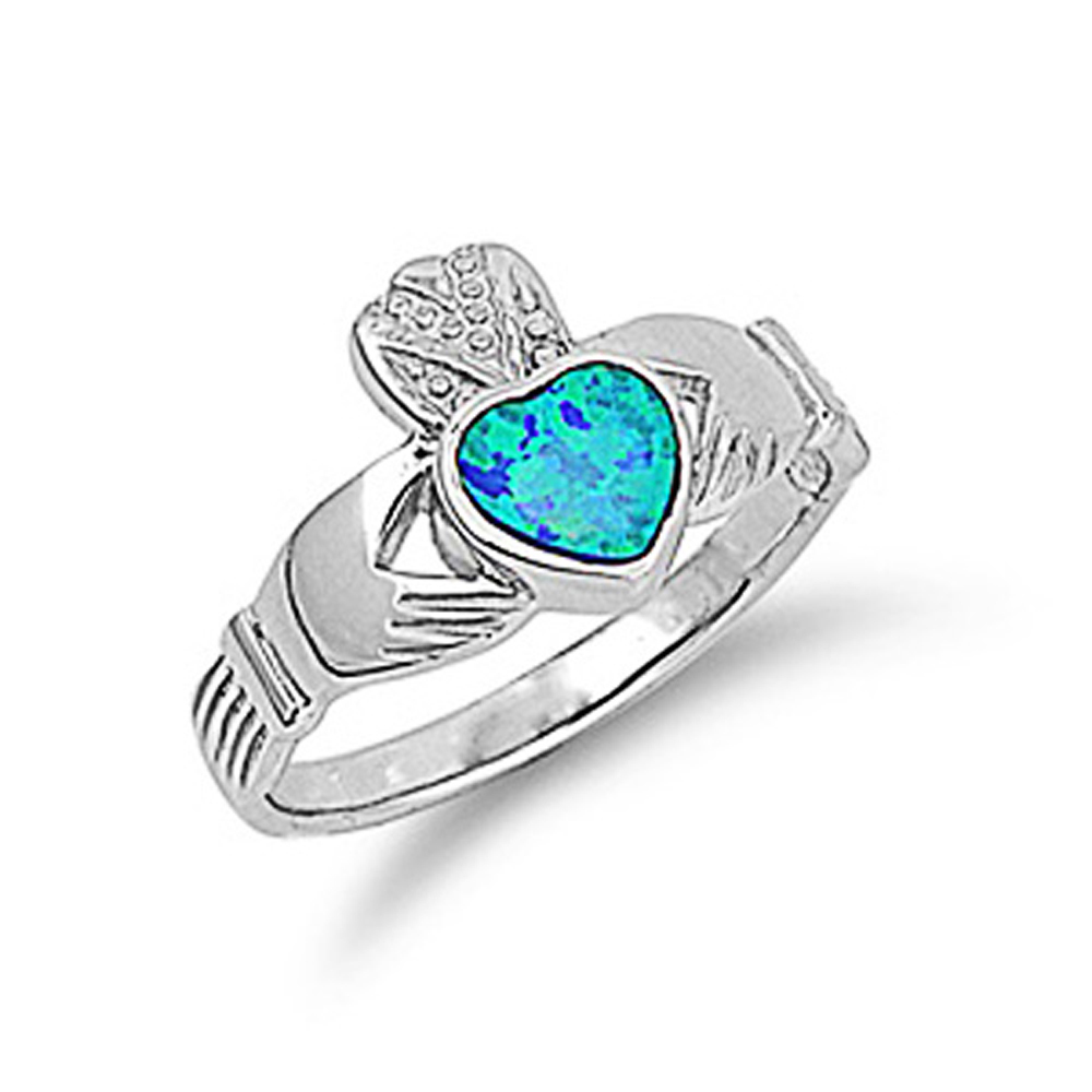 Women 12mm 925 Sterling Silver Simulated Blue Opal Heart Claddagh Ring Band