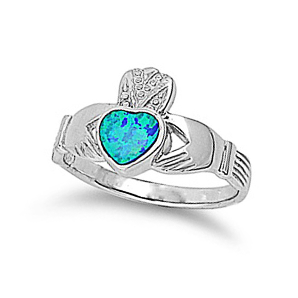 Women 12mm 925 Sterling Silver Simulated Blue Opal Heart Claddagh Ring Band