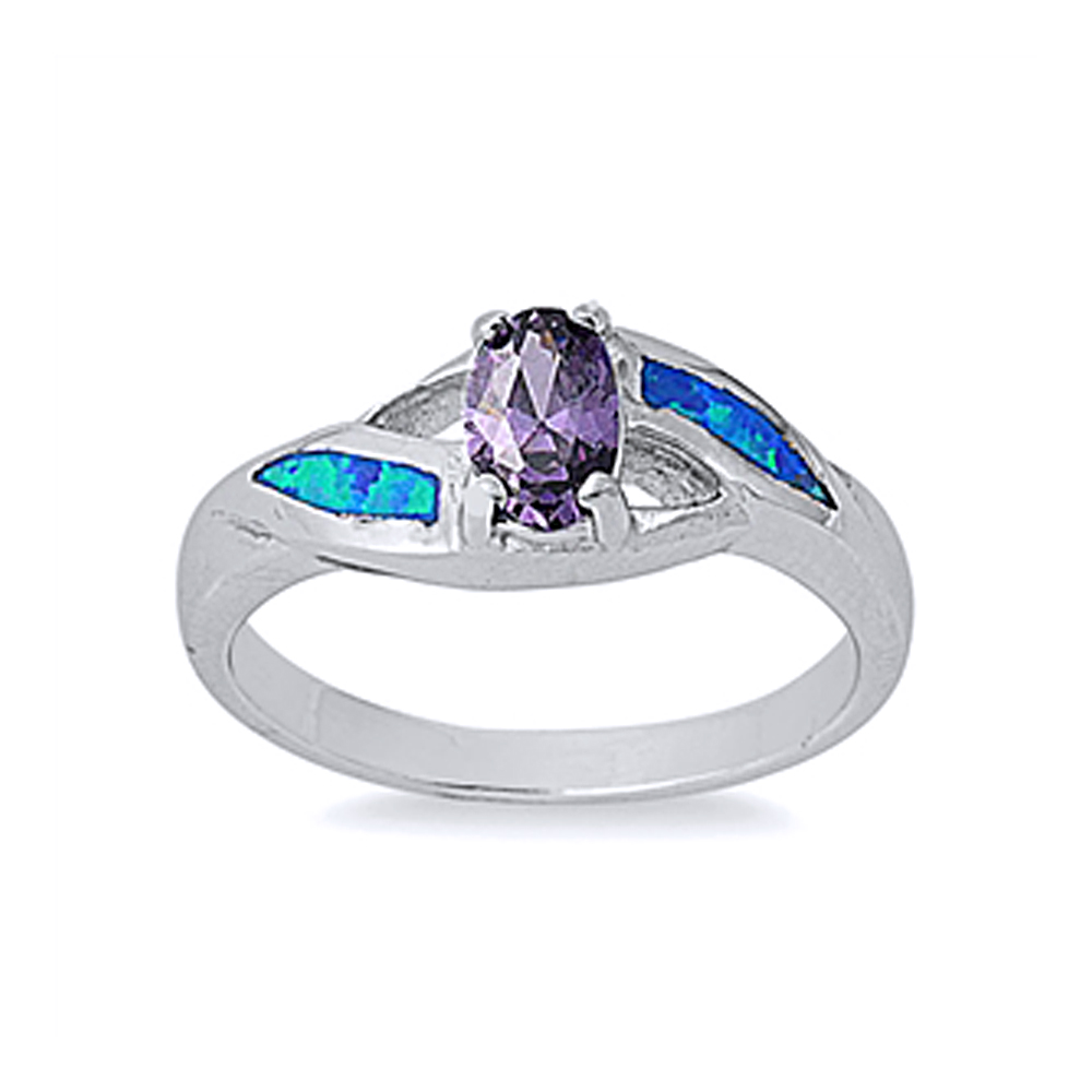Women 7mm Silver Oval Purple CZ Bypass Simulated Blue Opal Ladies Ring Band