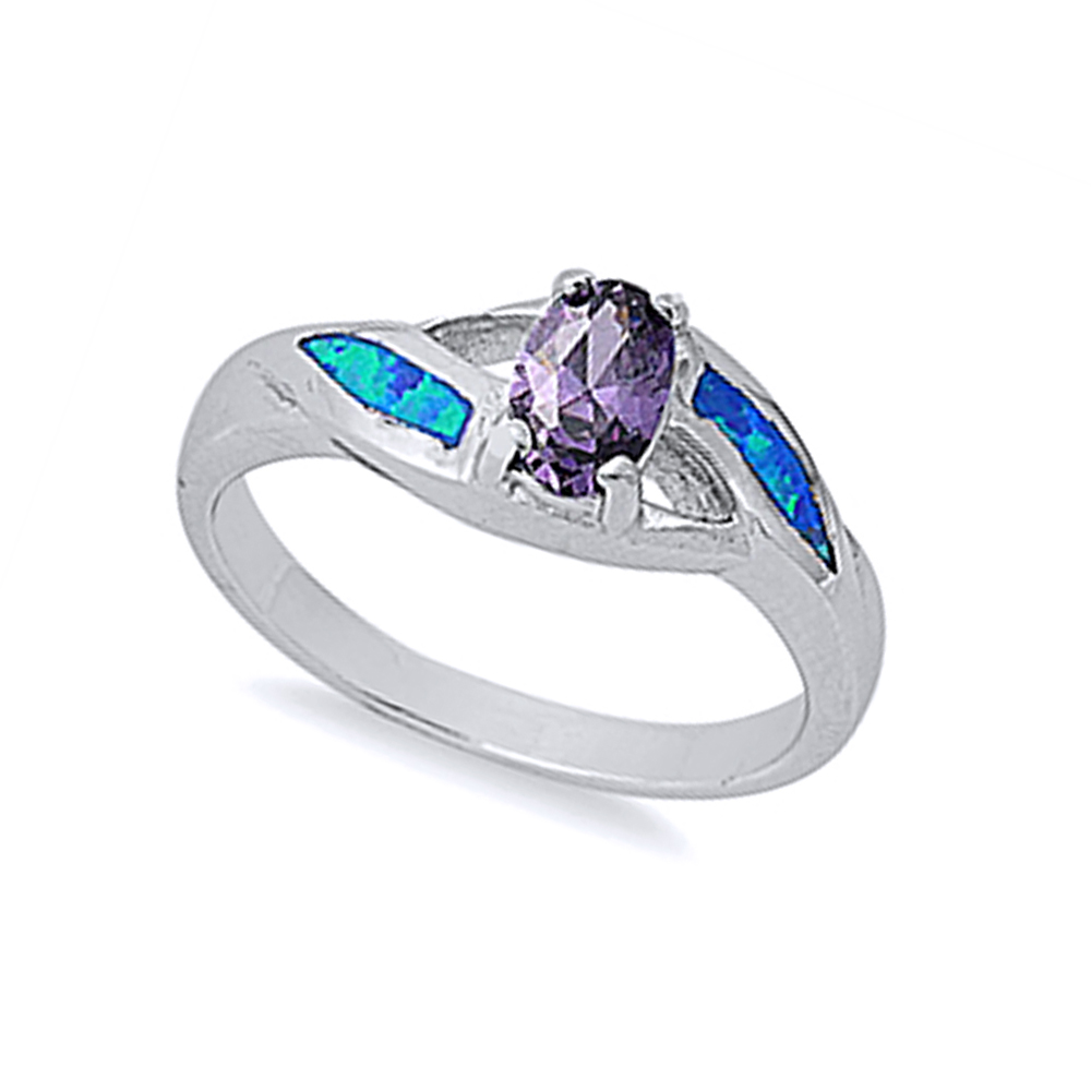 Women 7mm Silver Oval Purple CZ Bypass Simulated Blue Opal Ladies Ring Band