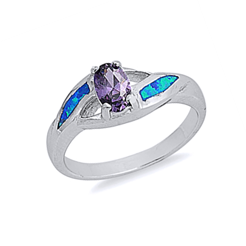 Women 7mm Silver Oval Purple CZ Bypass Simulated Blue Opal Ladies Ring Band