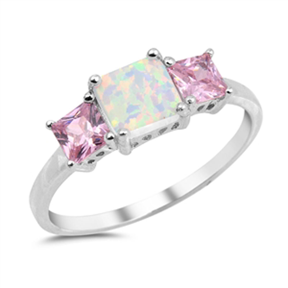 Women 7mm Silver Square Opal Princess Pink CZ Three Stone Anniversary Ring Band