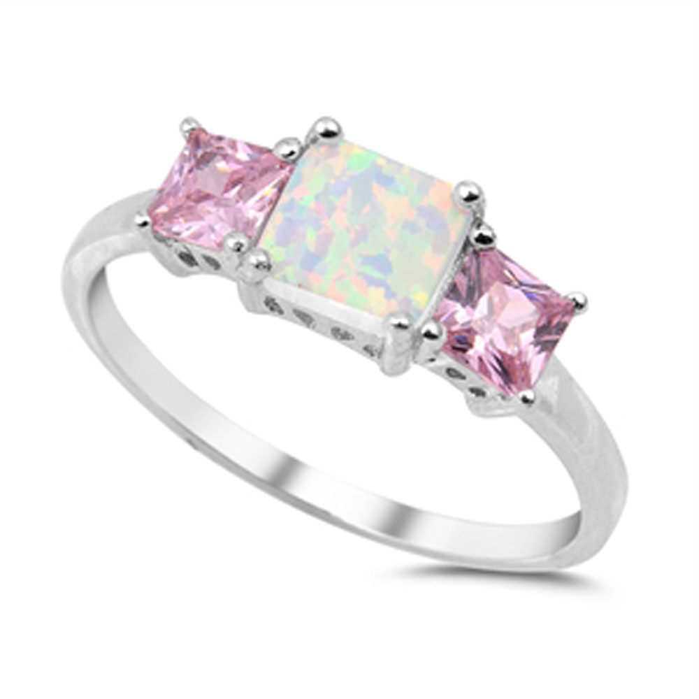 Women 7mm Silver Square Opal Princess Pink CZ Three Stone Anniversary Ring Band