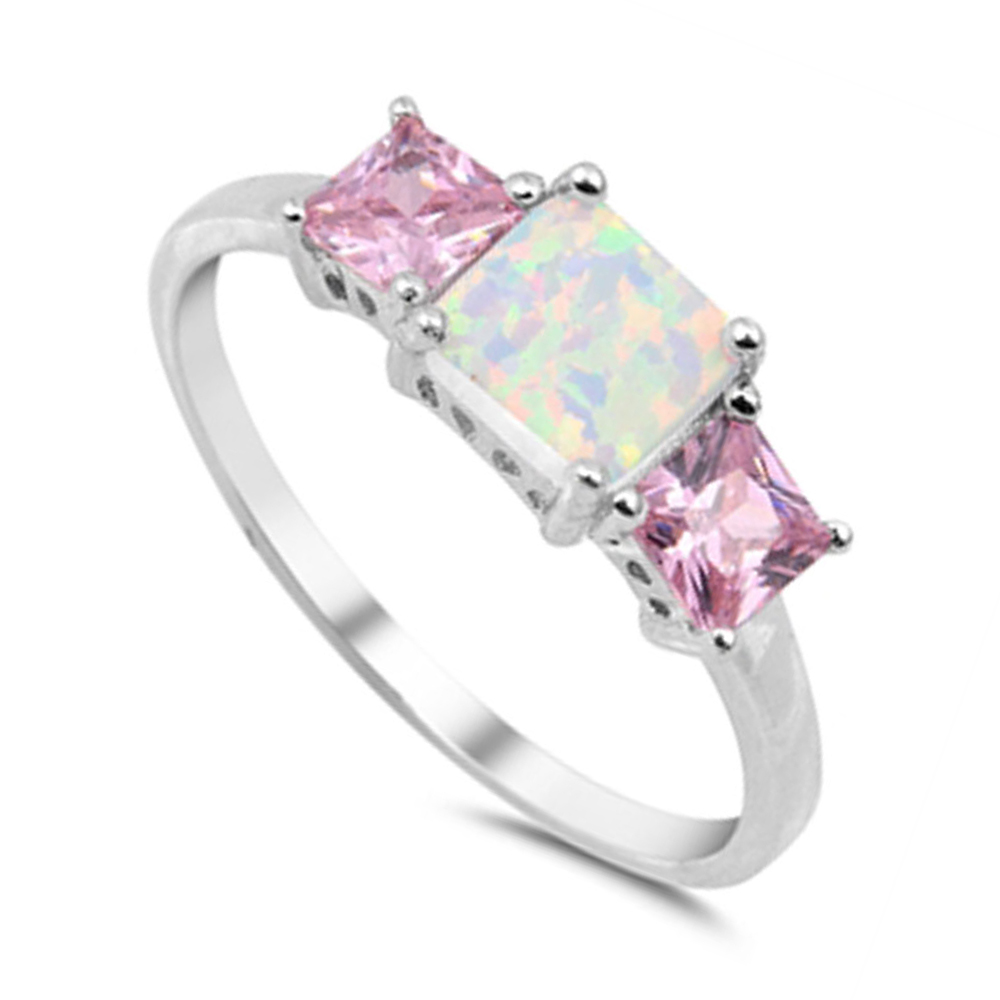 Women 7mm Silver Square Opal Princess Pink CZ Three Stone Anniversary Ring Band