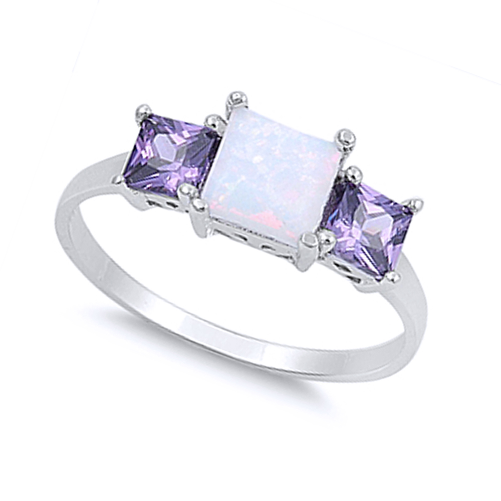 Women 7mm 925 Silver Opal Princess Purple CZ 3 Stone Vintage Style Ring Band