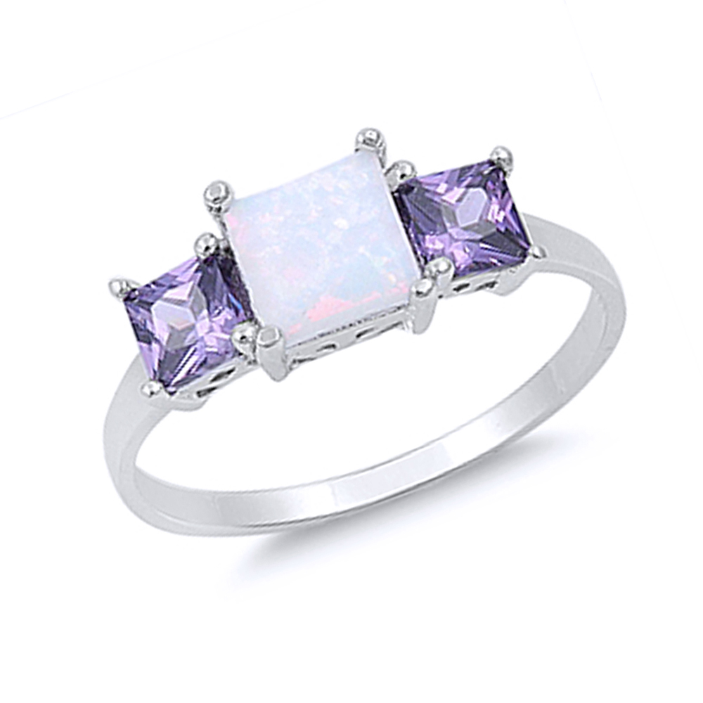 Women 7mm 925 Silver Opal Princess Purple CZ 3 Stone Vintage Style Ring Band